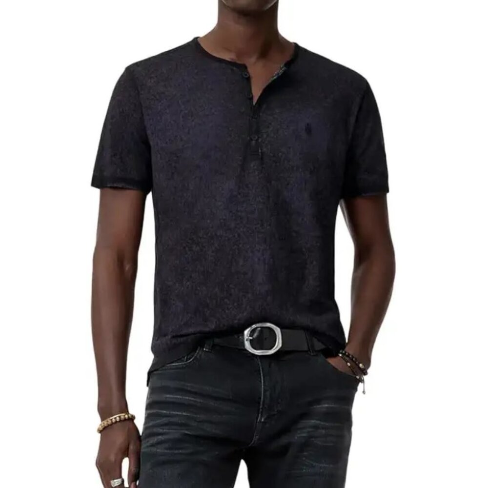 John Varvatos Collection Men's Arelis Peace Sign Henley SS Tee Shirt Smoke Blue